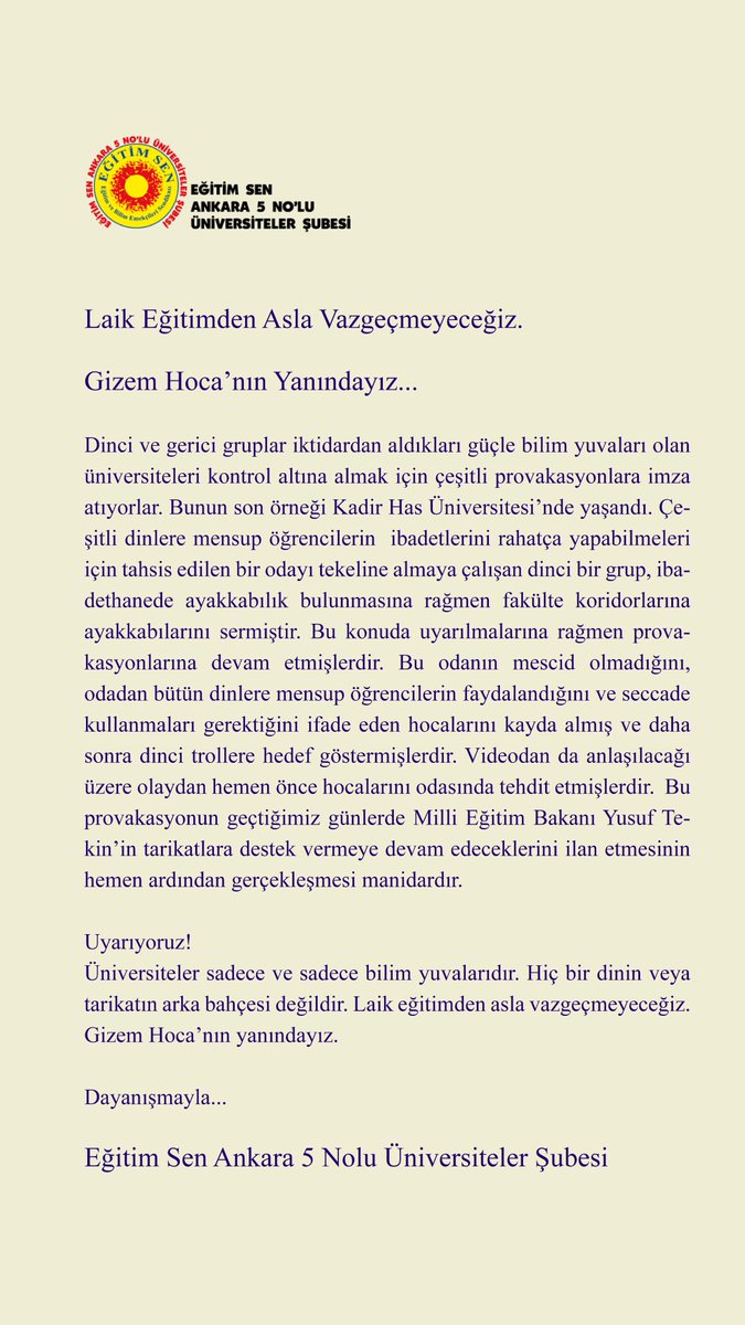 Eğitim Sen Ankara 5 No'lu Üniversiteler Şubesi (@egitimsenank5) on Twitter photo Laik Eğitimden Asla Vazgeçmeyeceğiz.
Gizem Hoca’nın Yanındayız... <a href="/khasedutr/">Kadir Has Üniversitesi</a> <a href="/EgitimSenist6/">Egitim Sen İst 6</a> Laik Eğitimden Asla Vazgeçmeyeceğiz.
Gizem Hoca’nın Yanındayız... <a href="/khasedutr/">Kadir Has Üniversitesi</a> <a href="/EgitimSenist6/">Egitim Sen İst 6</a>