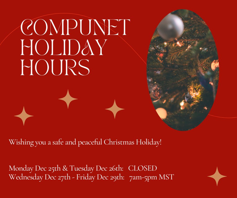 Wishing you joy, peace, and festive hours filled with warmth! Our team is embracing the holiday spirit, and our Christmas hours are set to spread cheer. Happy Holidays from all of us at CompuNet!
.
.
.
#ChristmasHours #SeasonsGreetings #compunetcheer #crossroads #engineerled