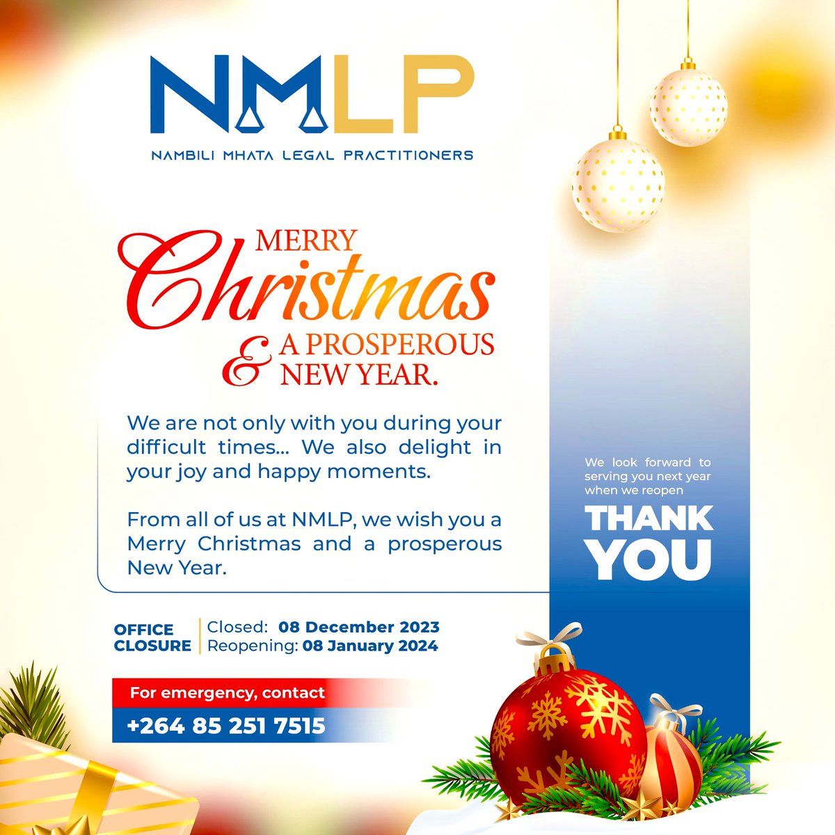 NMLP extends heartfelt wishes for a Merry Christmas &amp; a New Year filled with peace, prosperity, &amp; happiness. Please note our office closure dates as we take a moment to rejuvenate &amp; come back ready to support you in the upcoming year. Season’s Greetings &amp; Happy New Year! #NMLP⚖️