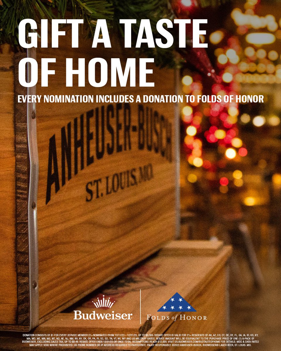 Today, service members will be missing a taste of home more than ever. Send them a rebate for a six pack of Bud, on us. We'll also donate to Folds of Honor as part of our long-standing commitment. Click the link to get started (21+): us.budweiser.com/budtasteofhome
