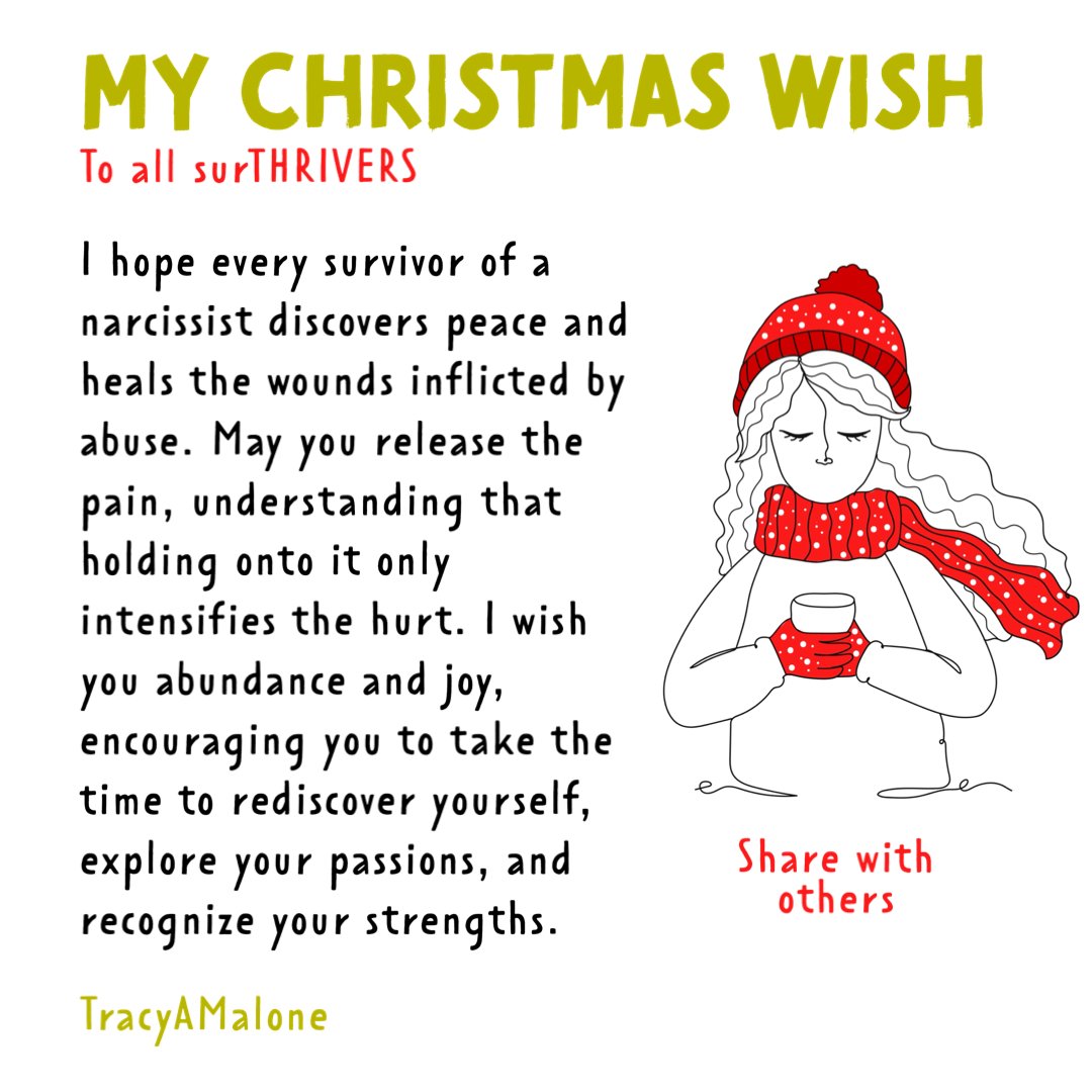 TracyAMalone's tweet photo. May this holiday season bring peace, joy, & a heart full of healing.🌟✨ #MerryChristmas from #NarcissistAbuseSupport! 🎄🎁 #narcissist #narcissism #covertnarcissist #narcissisticabuse #tracyamalone #divorcingyournarcissist #divorcinganarcissist #youcantmakethisshitup #SurTHRIVER https://t.co/0IEOhBROFn