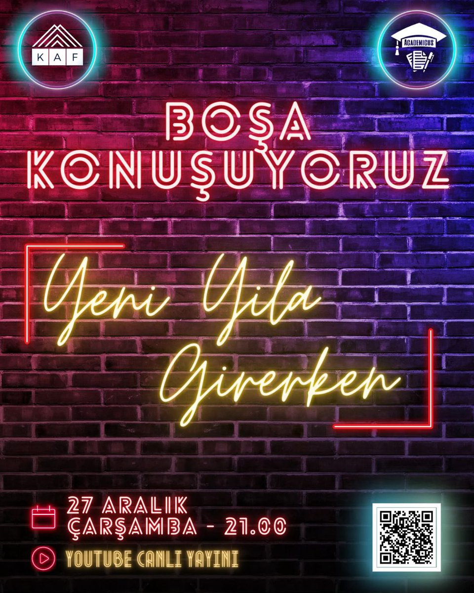 Boşa Konuşuyoruz'un yeni bölümünde yeni bir yıla girerken önceki yılda olan biteni konuşuyoruz. 27 Aralık Çarşamba saat 21.00'de sizlerle olacak yayınımıza aşağıdaki linkten veya poster üzerindeki QR kodu okutarak ulaşabilirsiniz! Kaçırmayın! Yayın Linki: l24.im/O0d8%0A