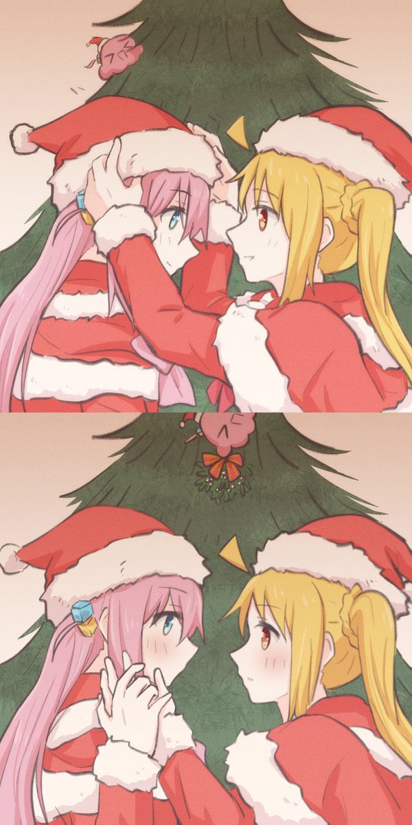 yamada ryo multiple girls 2girls v hat yellow eyes christmas santa hat  illustration images