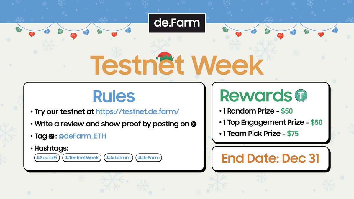 🚀deFarm Testnet Week🌟

🎉 Attention deFarmers! Get ready for the last exciting challenge of the deFarm Festive Finale 2023 - Testnet Week! Check out our testnet at testnet.de.farm 

Galxe 🔗: galxe.com/defarm/campaig…

🔍 Your Mission:
1️⃣ Explore our testnet and write a