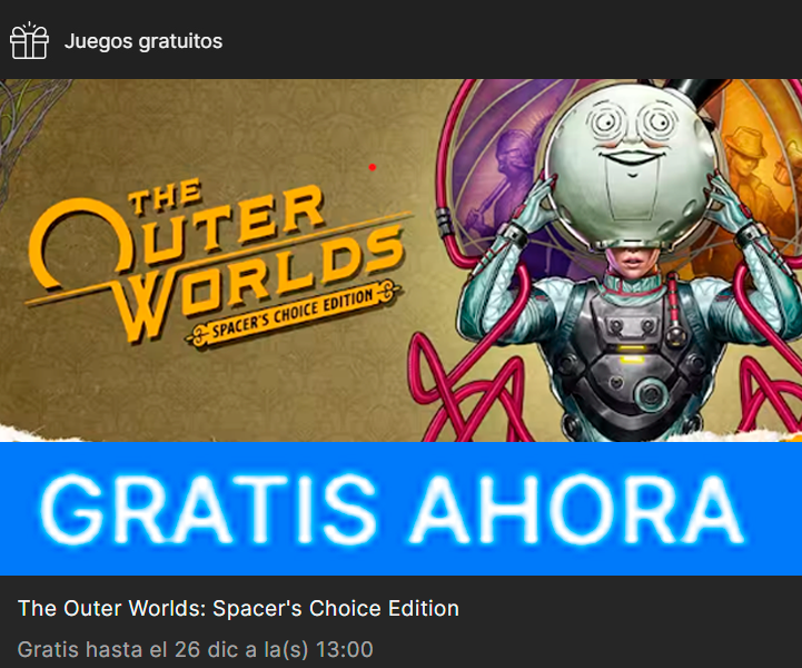 Elhornet_'s tweet photo. Atención: 
Están regalando el The Outer Worlds en Epic games, un juego muy bueno parecido en esencia a Fallout
Nominaciones del 2019:
- Juego del año
- Mejor narrativa
- Mejor juego de rol
Precio steam: 20 usd
Nota metacritic: 85
Ojo que la oferta termina el 26/12/23 a las 13:00 https://t.co/NZ74usASBi