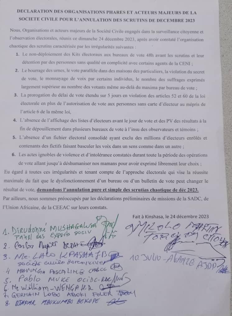 JohnnyKanzenga's tweet image. Après les partis politiques, la #société_civile emboîte les pas et demande pure et simple l'#annulation des scrutins chaotiques de 20/12/2023.👇