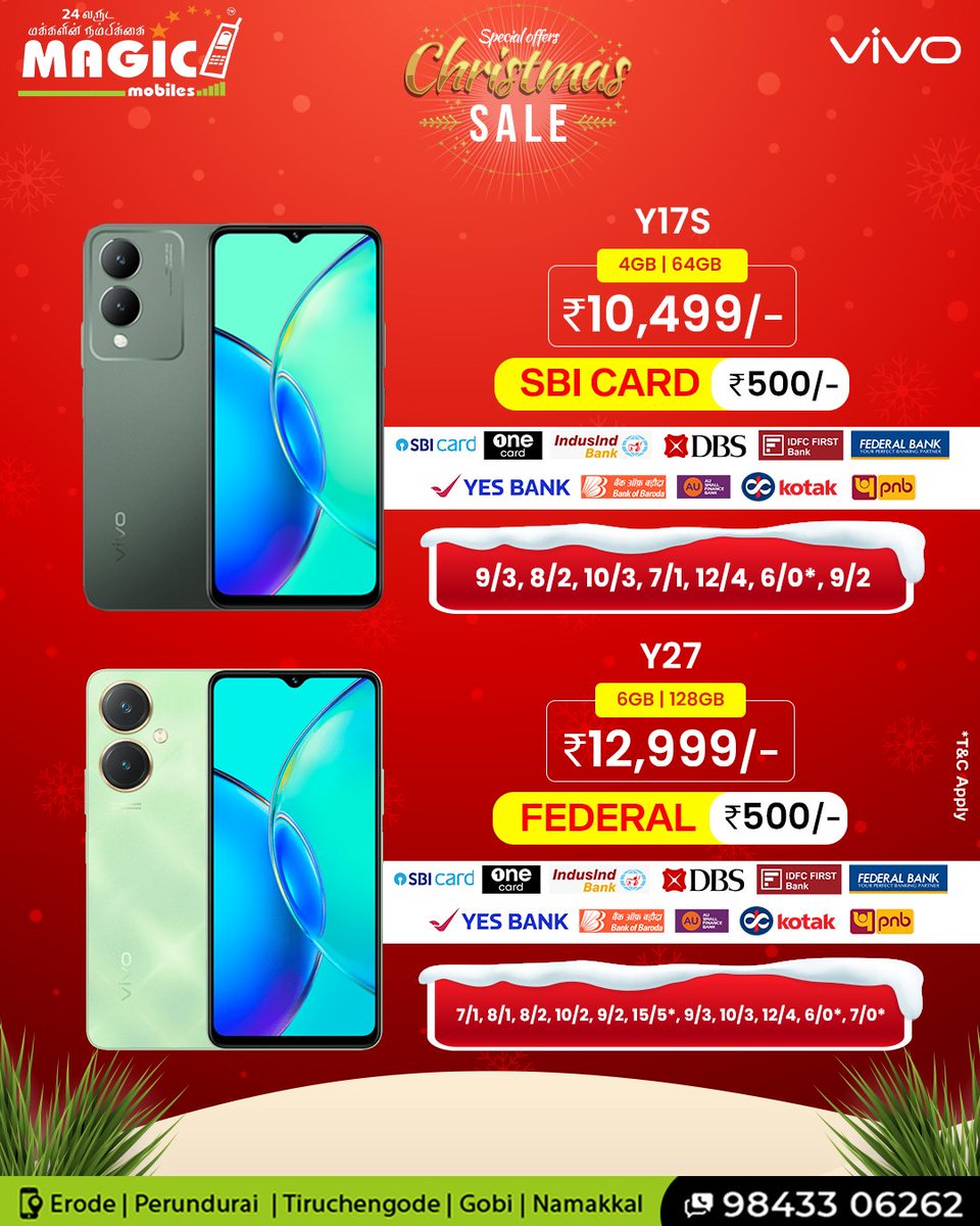 mobiles_magic's tweet image. Celebrate the season with joy and technology! 📱✨ 
Introducing exclusive Christmas offers on Vivo Y17 and Y27 
 📸🎅
 Hurry, spread the cheer and upgrade your holiday vibes! 🎉📲 
#VivoY17 #VivoY27 #ChristmasTechMagic #vivo #vivooffer #christmasoffer