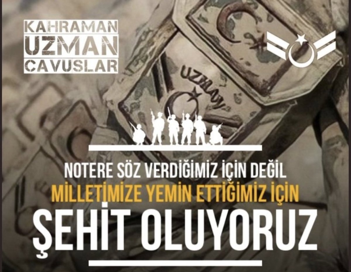 Notere söz verdiğimiz için değil milletimize yemin ettiğimiz için Şehit oluyoruz.

Vatan savunmasının sözleşmesi olmaz.

Uzman Çavuşlar mesleki güvence bekliyor 
<a href="/RTErdogan/">Recep Tayyip Erdoğan</a>
<a href="/alitilkici38/">Ali Tilkici 🇹🇷</a>
#CennetteVarKadrodaYok
