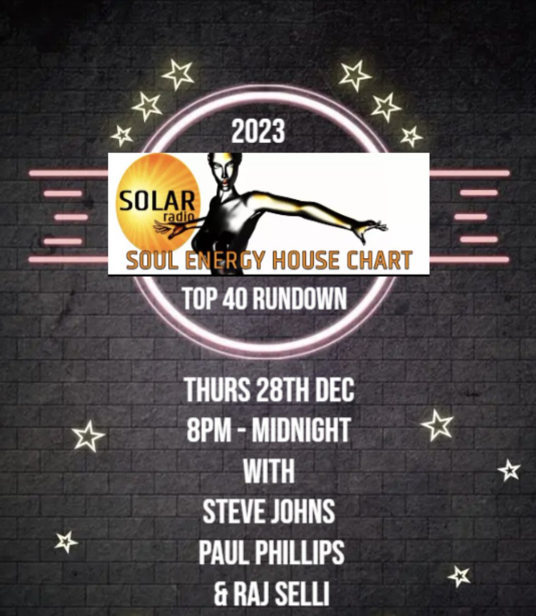 This Thursday It’s the Annual Top 40 Countdown of the Soul Energy House Chart for 2023 exclusively on <a href="/solarradio/">Solar Radio</a> with myself <a href="/johnsie68/">Steve Johns</a> <a href="/soulfulgrooves/">Paul Phillips</a> for 4 hours of top #soulfulhouse + lots of banter!feat @makinmoves <a href="/seanmccabemusic/">Sean McCabe</a> <a href="/QRecordings/">Quantize Recordings</a> and loads more Don’t miss it!