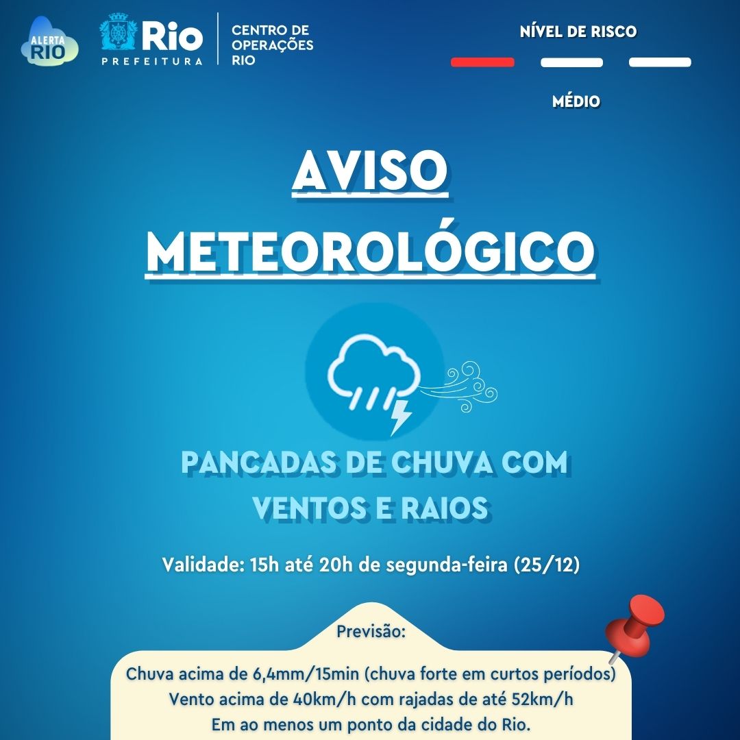AlertaRio's tweet photo. ⚠️ AVISO METEOROLÓGICO DE CHUVA E VENTO | Previsão de pancadas isoladas de chuva moderada a forte, acompanhadas de raios e rajadas de vento moderado na cidade do Rio de Janeiro.

NÍVEL DE RISCO: Médio.

Qualquer atualização da previsão pode anular este Aviso! https://t.co/vuZsF792Wv