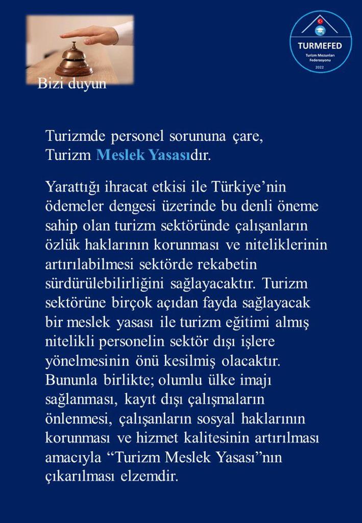 turmefed's tweet photo. Mesleğimiz var, Meslek Yasamız yok. Turizmde personel sorununa çare, Turizm Meslek Yasası'dır. #TurizmMeslekYasası #Turizm
@TCKulturTurizm
@MehmetNuriErsoy
@tcbestepe
@tcbestepe
@TBMMresmi
@NumanKurtulmus
@MevlutCavusoglu
@Hurriyet
@sabah
@Akparti https://t.co/fCTuSbiAj3