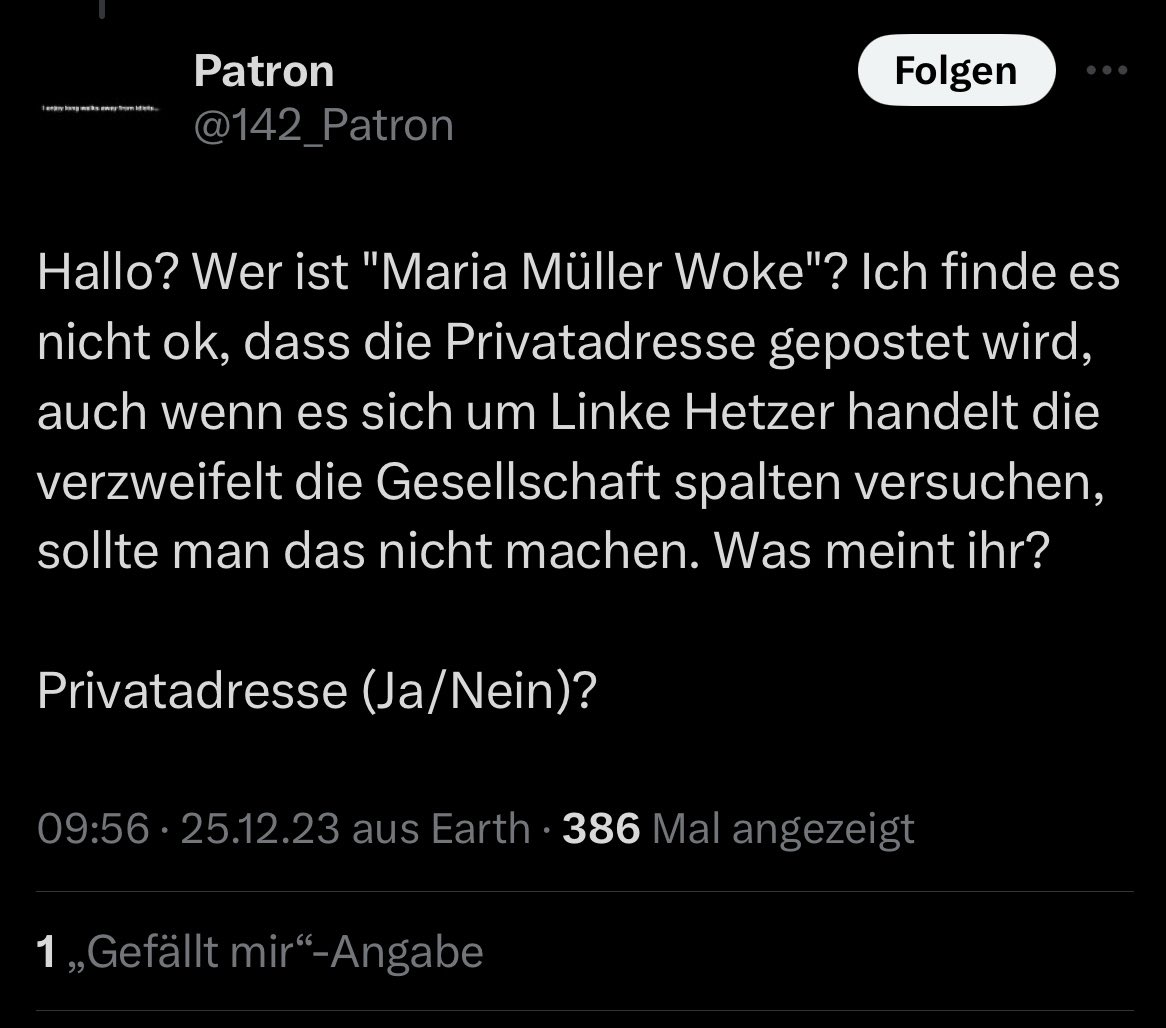 Bitte melden - Aufruf zum #Doxing von @ 142_Patron.
Getarnt als Umfrage. 
#Cybermobbing