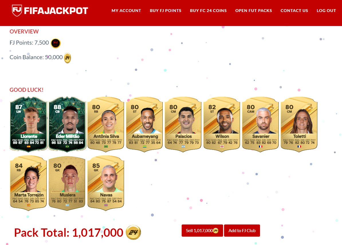 Use Promo Code "Navidad" to receive Bonus FJ Points of FC 24 coins at FIFAJackpot.com 🎁

Winter Wildcard Packs now available 💚❄️💚

New FC24 Giveaway coming soon 👀

#FC24 #FelizNavidad #WinterWildcards