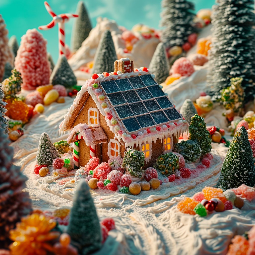 Another sweet little off-the-grid ginger home 🌟🍬🧑‍🎄🎄
#solarpunk #gingerbread #gingerbreadhouse #yule #solstice #christmas #solarpower #windpower #midjourney #midjourney6 #midjourneyv6
