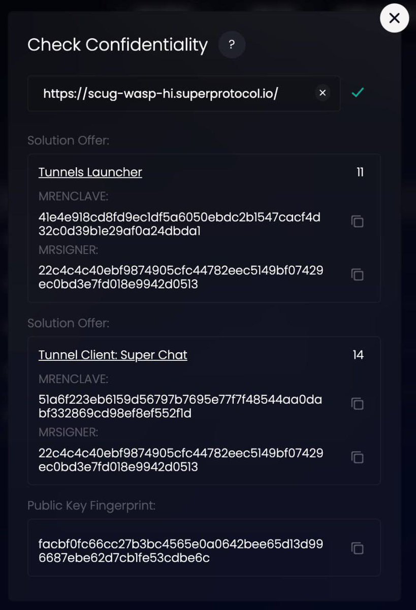 Hey Supers! Did you know that Marketplace GUI has a new feature to verify that your tunnel deployment runs in a genuine confidential enclave and that your connection is secure?

Learn more: docs.superprotocol.com/developers/mar…

#confidentialcomputing #Web3Security #DePIN