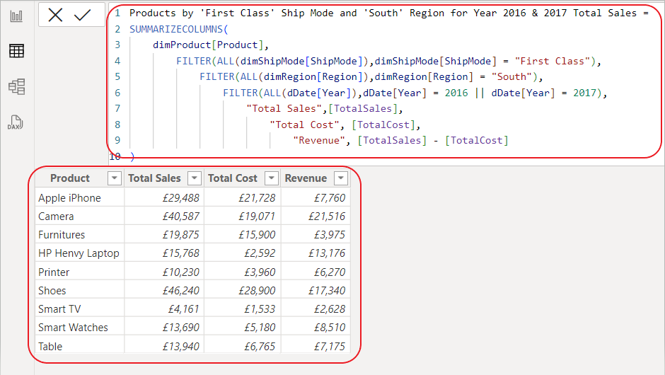 AbiolaDavid01's tweet image. One benefit of using the SUMMARIZECOLUMNS DAX function is that it allows you to create new columns and perform calculations in different contexts, such as row context and filter context as seen in the screenshot.

#PowerBI #SUMMARIZECOLUMNS #RowContext #FilterContext