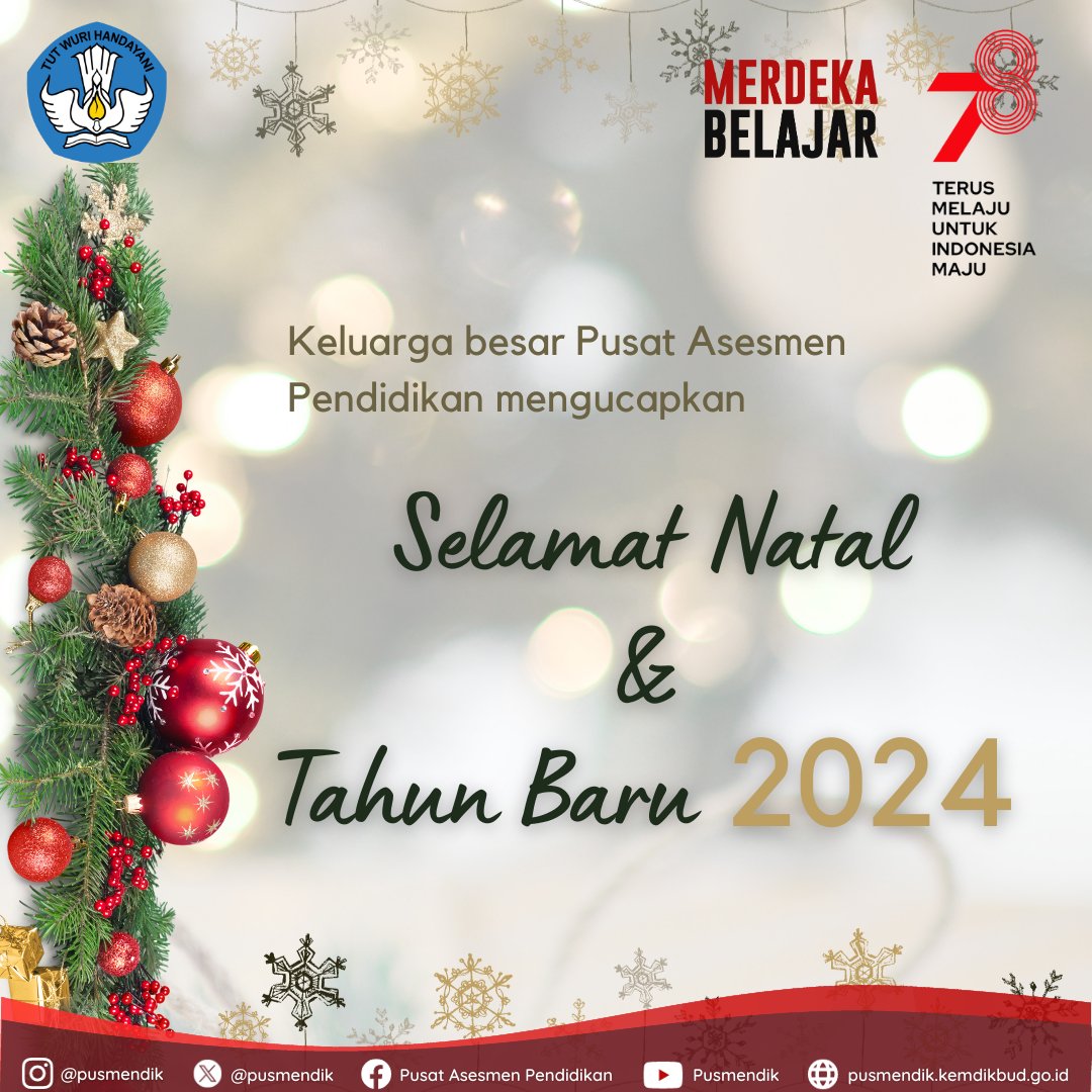 Selamat hari Natal bagi #SobatAsesmen yg merayakan.
Smg cahaya Natal &amp; semangat tahun baru membawa inspirasi utk menghadapi tahun yg akan datang.

#Natal2023
#TahunBaru2024
#MerdekaBelajar

---
FB: Pusat Asesmen Pendidikan
IG: <a href="/pusmendik/">Pusat Asesmen Pendidikan</a>
YT: Pusmendik
Web: pusmendik.kemdikbud.go.id