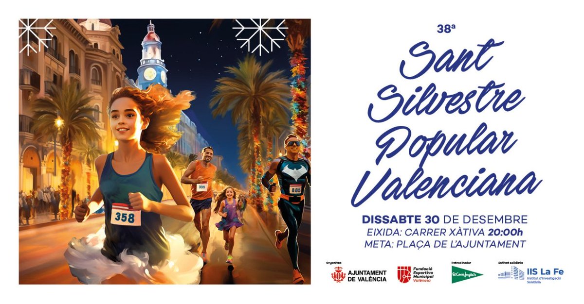 AjuntamentVLC's tweet photo. 👟La #SantSilvestreVLC será la última prueba🎅 del año en #València.

▶️Inscripciones en @elcorteingles.

🟡La recaudación se destinará íntegramente a la investigación de las enfermedades raras.

🗓️30 de diciembre
🕒20 horas 
📍Salida▶️Calle Xátiva, cruce con San Vicente Mártir https://t.co/dseKpWIq2E