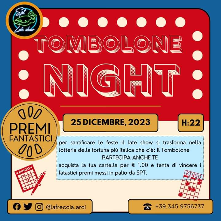 🎄Per santificare le feste il late show si trasforma nella lotteria della fortuna più italica di sempre: il #Tombolone
🫵🏻 PARTECIPA ANCHE TU
💰 Acquista la tua cartella per € 1.00 e tenta di vincere i fantastici premi messi in palio da SPT @StefanoPTed