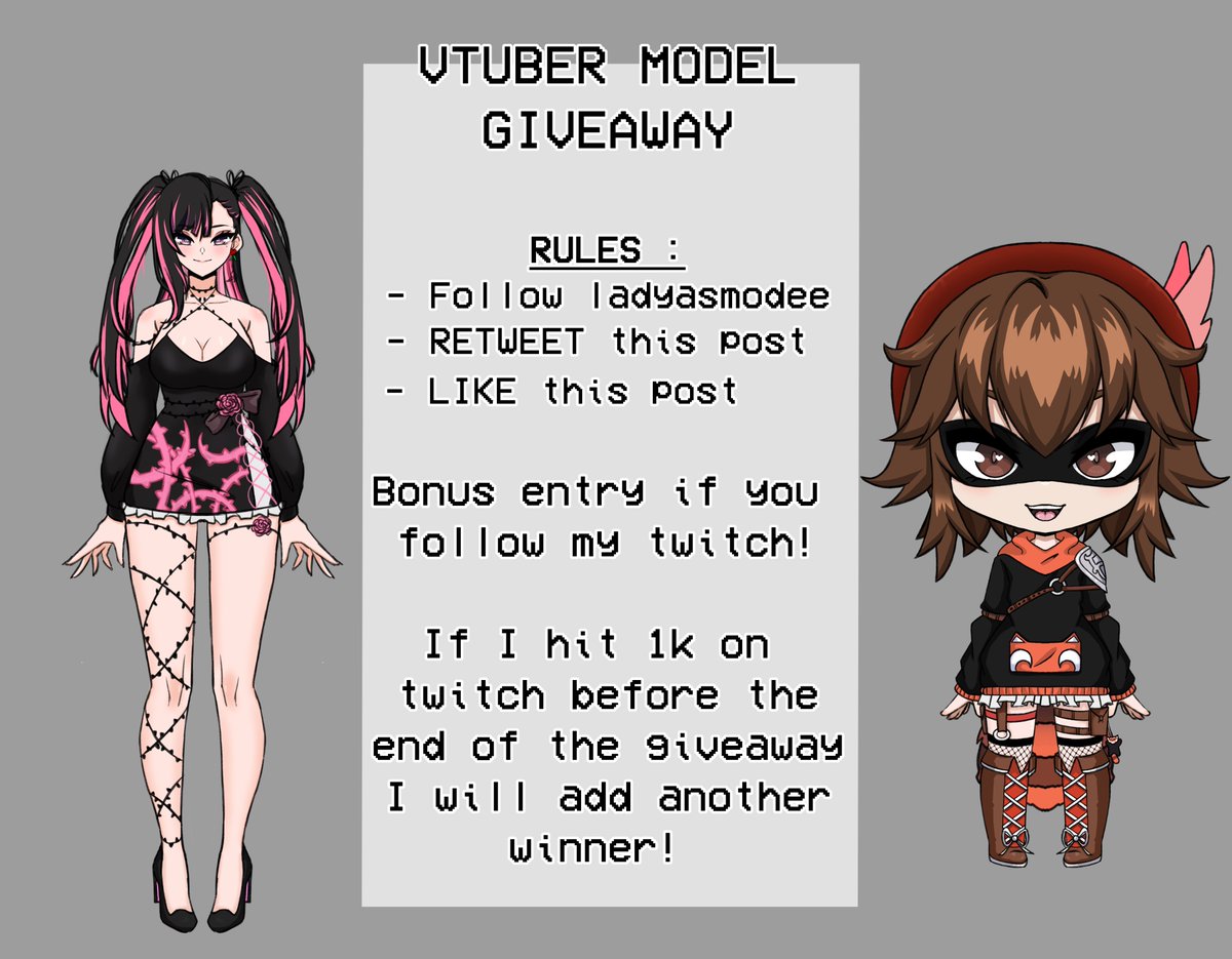 LadyAsmodee's tweet photo. 🏵 VTUBER MODEL GIVEAWAY 🏵
- Follow @LadyAsmodee 
- RT + Likes this post!

Bonus entry if you follow my twitch (post a screenshot) 

End : January 26th 

Winner will receive  a ready to be rigged chibi model OR halfbody model ! 💖

Good luck ♥ https://t.co/H6EPxXzx2U
