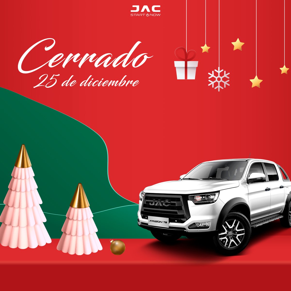 JACVALLE2's tweet photo. ¡Cerrado por Navidad! 🎄⏰
En este día de celebración, nuestra concesionaria permanecerá cerrada para que todos puedan disfrutar de la magia navideña. Agradecemos su comprensión y esperamos verlos pronto. ¡Feliz Navidad! 🚙✨

#Jac #JacMonterreyValle #FrisonT8 #FelizNavidad https://t.co/Z46iszhVyg