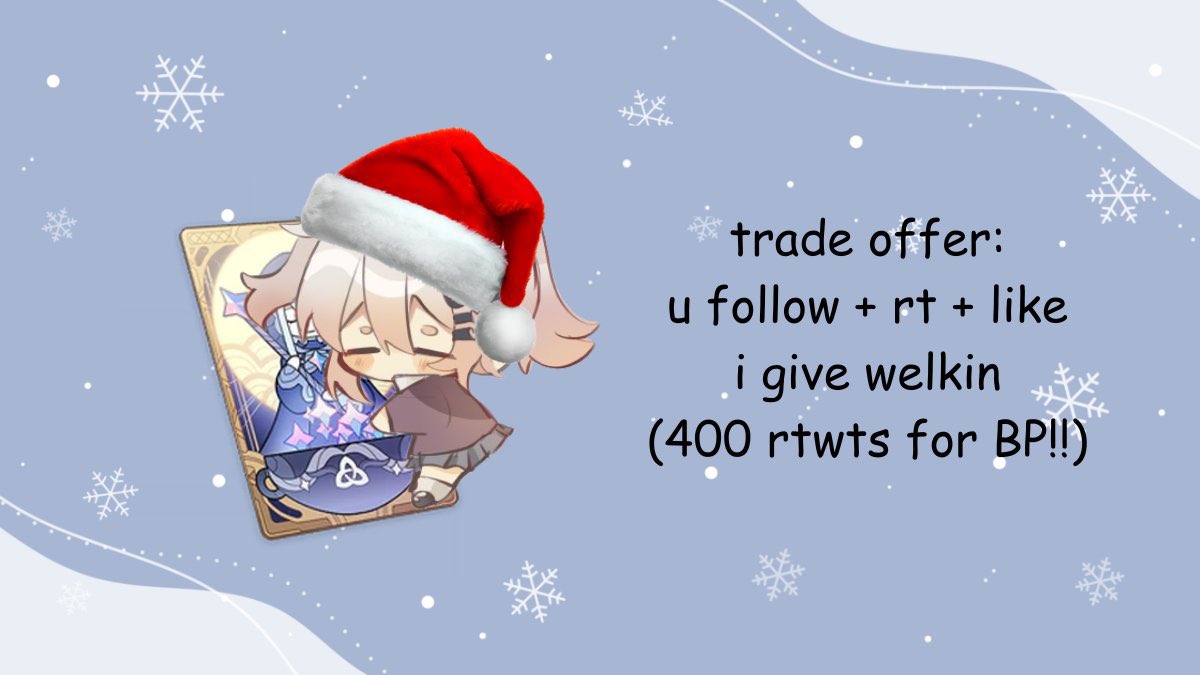 🍡 900 follower & Christmas Giveaway! 🍡 

⋆ celebrating twitch milestone !! giving away 1 welkin 
⋆ 400 rts I'll add a BP :D 

rules: 
⋆ follow + rt + like
⋆ bonus entry ⇉ follow on twitch @ twitch.tv/khyushii

ending 1/1
#genshinimpact #welkingiveaway