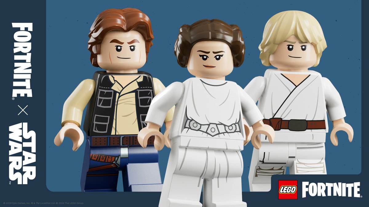 Fortnite's tweet image. 🚨 FORTNITE X STAR WARS 🚨

Luke Skywalker, Han Solo, and Leia Organa are now in the Item Shop with new LEGO Styles!!