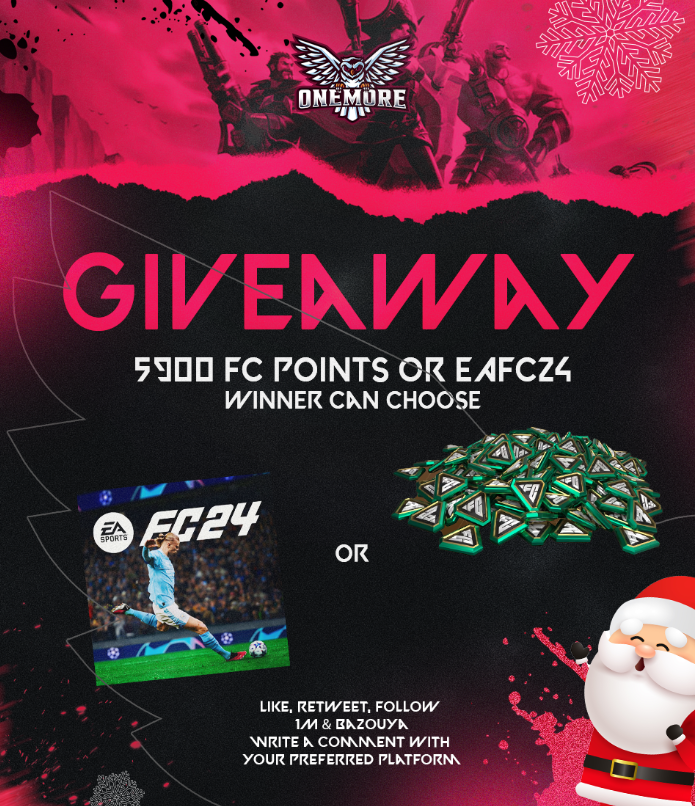 🎉 GIVEAWAY ALERT! 
🎮 Win big with our EA FC 24 or 5000 points giveaway! 
To enter:
1. Tag two gaming buddies who love EA FC
2. Like and Retweet this post
3. Follow <a href="/BAZOUYA/">BAZOUYA 🇲🇦🇧🇷 🐉</a> and <a href="/OneMore_esports/">One More</a>
Winner will be announced 5/1/2024
Good luck, gamers!  #EAGiveaway #GamingCommunity
