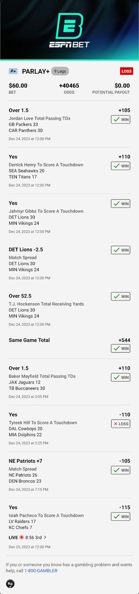 BtweetK's tweet photo. All I want for #Christmas is my 7 buddies to forgive our 8th buddy who chose @cheetah and fumbled our parlay bag. First time in years of doing this we've hit at least 8 legs of our weekly 9 leg friend parlay 
#BadBeats @ESPNBet @barstoolsports @BOBBYS_WORLD_ https://t.co/AaIJSkWmig
