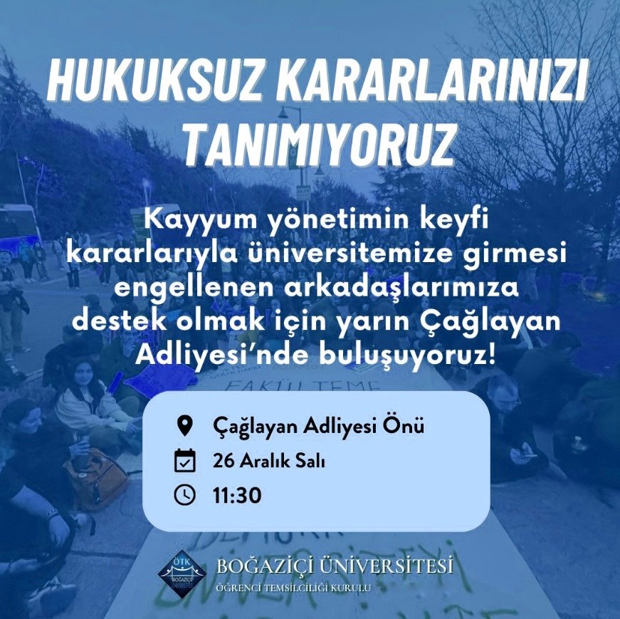 Kayyumun yönetimin keyfi kararlarıyla üniversitemize girmesi engellenen arkadaşlarımıza destek olmak için yarın saat 11.30’da Çağlayan Adliyesi’nde buluşuyoruz!