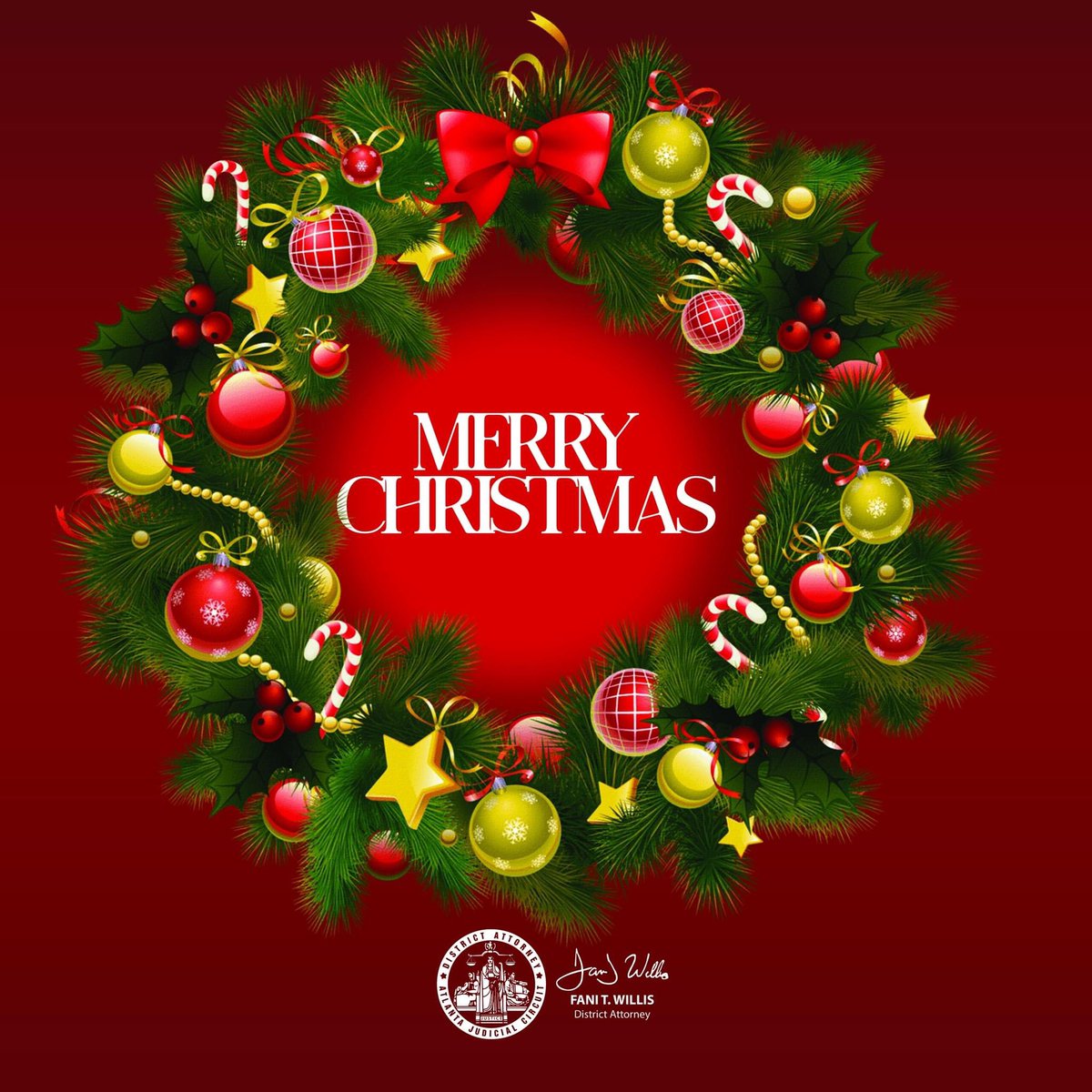 Wishing you a Merry Christmas from DA Fani T. Willis and the entire Fulton County District Attorney's Office! 🎄🎅 May this festive season bring joy, love, and moments of warmth to you and your loved ones. #MerryChristmas #HappyHolidays #FultonCounty #FultonCountyDA