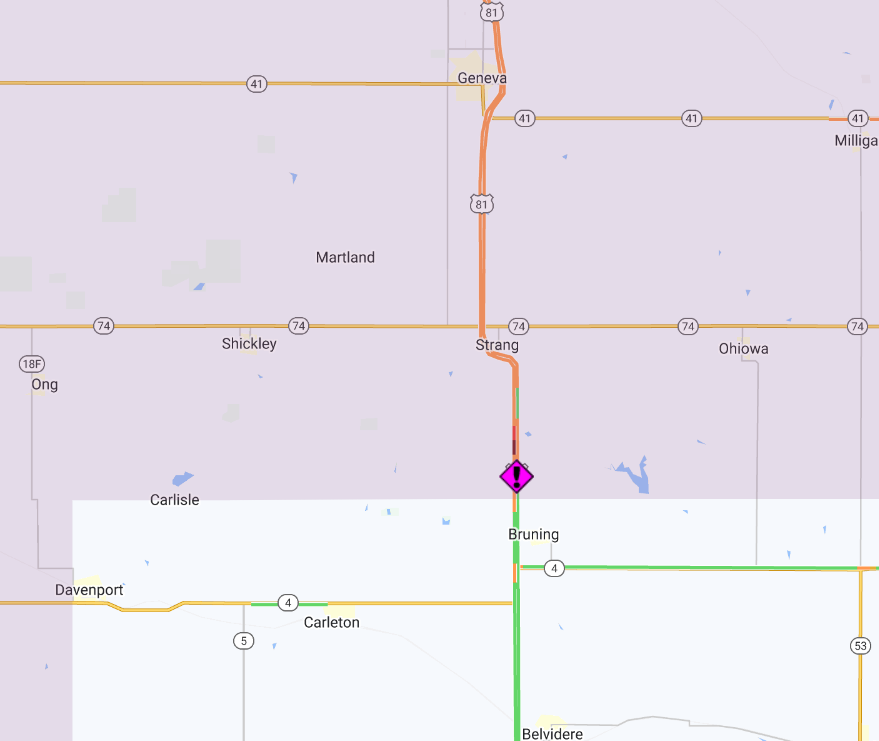 Nebraska511's tweet photo. #FillmoreCounty #ThayerCounty
CRASH
Hwy 81 SB @ MM 26
Right lane blocked, keep left
reduce speed. https://t.co/gkMgsuUeXh