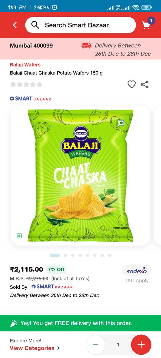 RISHABKING1's tweet photo. OMG 😱 150gm @Balaji_Wafers  costing me ₹2,115 (relatively my monthly ration cost) @JioMart I have to skip other ration items 🫣 anyways thanks for free delivery https://t.co/XxOLT5m7HE