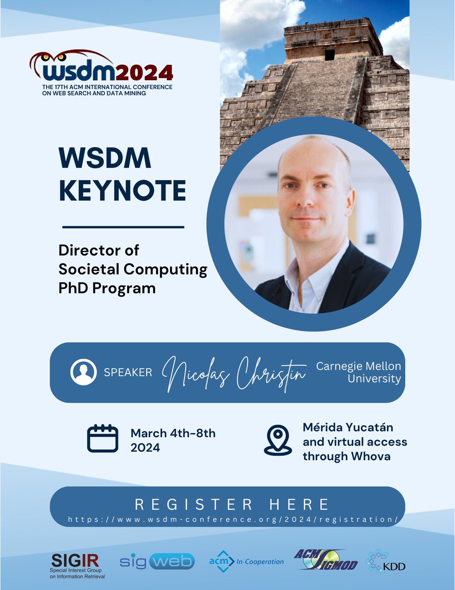 WSDMSocial's tweet photo. You are interested in #darkweb? Then this call is for you.
Dr. Nicolas Christin from Carnegie Mellon University who is also co-founder of Hikari Labs will be with us at #WSDM2024!
Registration:
https://t.co/PX75CIVcvW
#WSDM2024 #WSDMCUP2024 #sigkdd #sigmod #sigir #sigweb #acm https://t.co/OtVIbi9msv