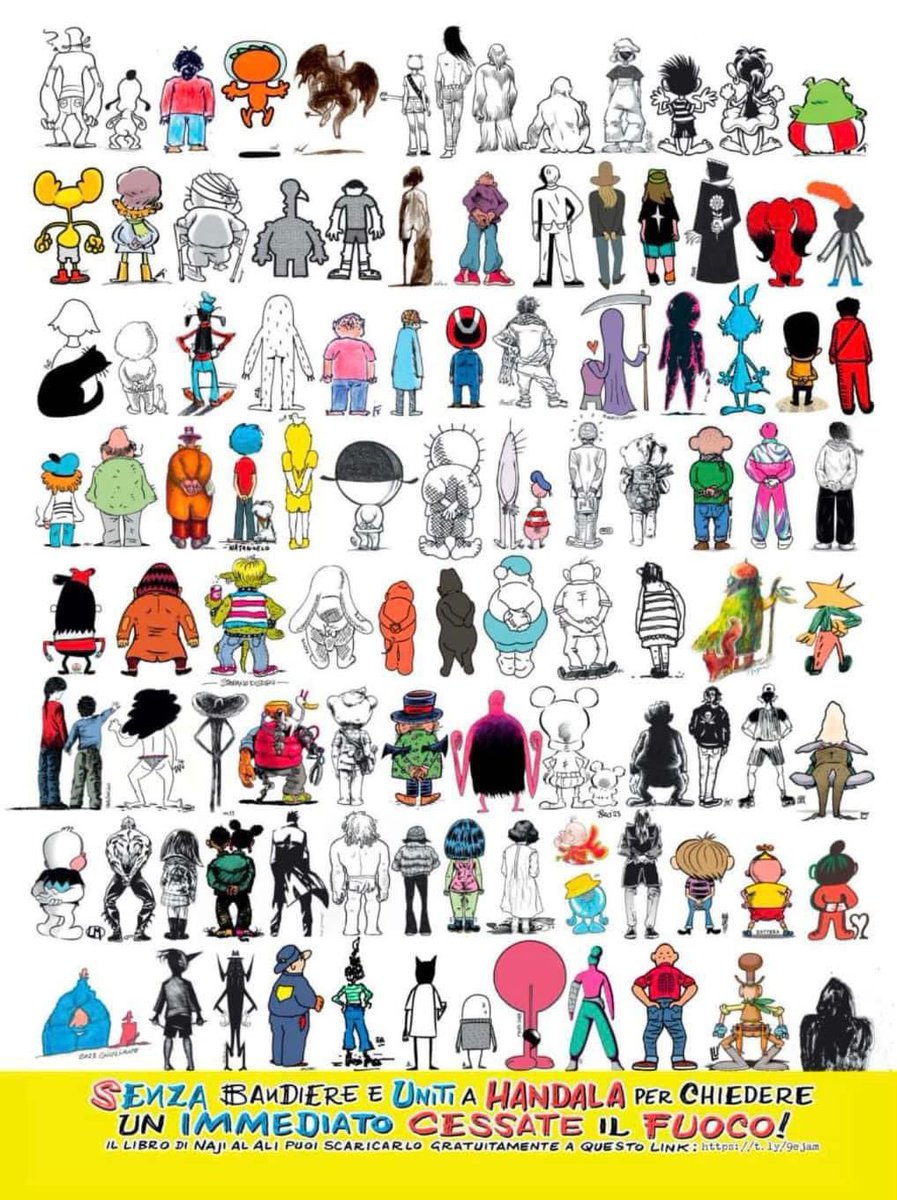 ثمانون شخصية كرتونية ايطالية رسمت تدير ظهرها كحنظلة ناجي العلي ، وتطالب بوقف فوري لاطلاق النار في غزة مع رابط لتنزيل رسومات ناجي العلي اسفل البوستر ، البوستر نشر في مجلتي ارباتشي وبايينا ٢١

شكرا ايطاليا 

#غزة 
#كاريكاتير 

📸 Look at this post on Facebook