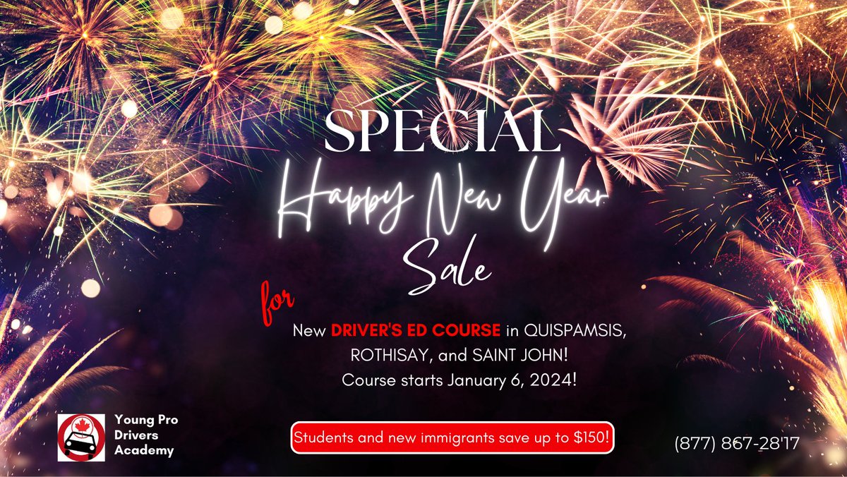 Register before Jan. 1, 2024, and Save up to $150!
CHRISTMAS and NEW YEAR SELL for new Driver's ED COURSE in QUISPAMSIS, ROTHISAY, and SAINT JOHN!
Students and new Immigrants save an extra $50!
#saintjohn #canada #saintawesome #saintjohnnb #rothesay #quispamsis #quispamsisnb