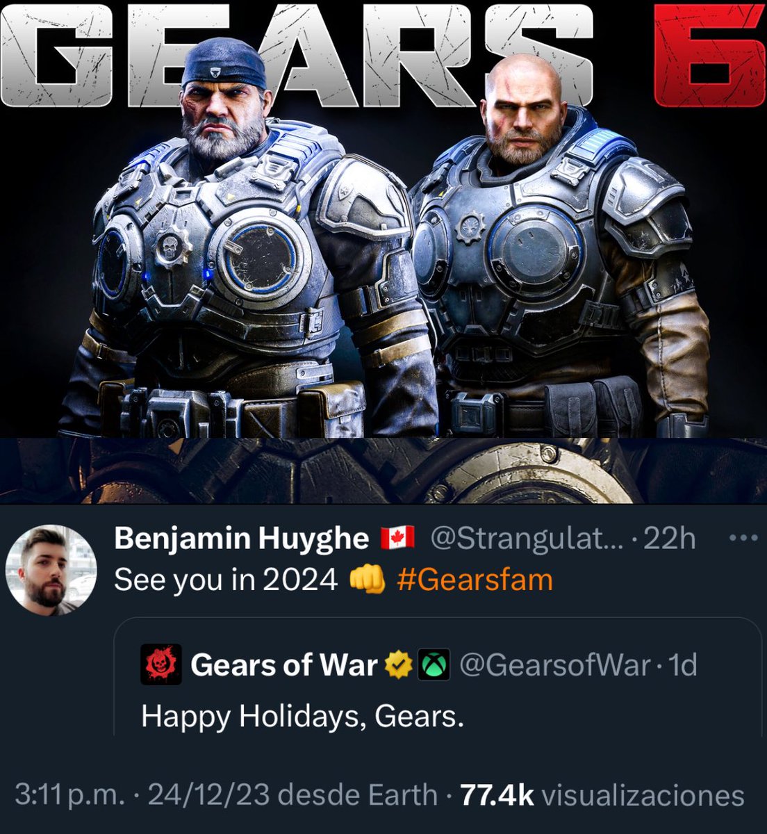 EG_wicho's tweet photo. OFICIAL; THE COALITION AVISA QUE HABRÁ NOTICIAS DE GEARS OF WAR en 2024 a través del diseñador de niveles del estudio en la publicación de días festivos de TC.

Algunos medios de habla inglesa ya comenzaron a difundir la noticia como un teaser y no una “mal interpretación”.

Info… 

Recordemos que Benjamin Huyghe fue el encargado de hacer mapas nuevos con aspectos clásicos en Gears 5 como Tumba y perdió su trabajo hace un par de años dentro del estudio PERO hace un par de semanas recuperó su trabajo y ésta ocasión con contrato de planta con Microsoft en el estudio como diseñador de niveles una vez más. 

El 24 de diciembre de 2023 The Coalition publicó el post anual de festividades navideñas que en años pasados parecían contener mensajes ocultos para el futuro de Gears pero en ésta ocasión no fue así. Sin embargo, Benjamin citó la publicación dando a entender que tendremos noticias del juego en 2024. Esto no puede ser aleatorio ya que no es una persona nueva en el estudio y se rumorea que si esto es una provocación a una sobre reacción de la gente, el desarrollador corre el riesgo de tener alguna sanción o llamado de atención por sus superiores por levantar la emoción de la gente de forma injustificada aunque a este punto es más que claro que 2024 es el año en el que comenzaremos a tener información de Gears of War considerando que se cumplen 5 años del lanzamiento del último título de la franquicia y aún hay temas inconclusos como la colaboración Netflix y la supuesta remasterización de Gears 2. 

Varios medios de habla inglesa están hablando al respecto por lo que aquí tenemos la información traducida al español. Compártansela a la mayoría de la comunidad y esperen noticias conforme se sigan suscitando éstas situaciones. 

Es complicado tratar este tipo de información porque en la comunidad de habla inglesa hace mucho ruido pero en la de habla hispana nadie lo ha comunicado y ya casi nadie cubre las noticias por lo que mucha gente pone en duda la información por motivos varios pero prefiero que quede un registro de todo esto. Quizás tendremos un último video de noticias antes de que termine el año en el canal de YouTube para todos antes de liberar el Vlog de los viajes. 

Gracias a los que se toman el tiempo de leer ésta información. Me interesa leer sus opiniones. 

Es una noticia que se siente como un buen regalo de Navidad sinceramente. 

Estaré atento para compartir cualquier información que siga saliendo de estos temas. Hermanos hasta el fin. ⚙️

-Wicho