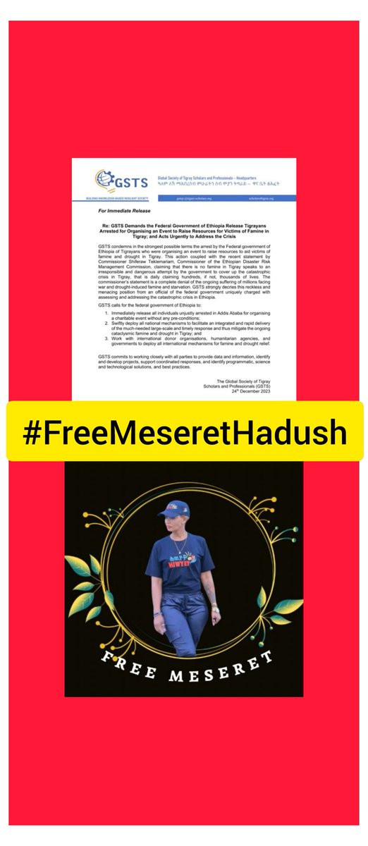 kingo4Tigray's tweet photo. 1/6
@GlobalGsts demands 🇪🇹/n to #FreeAllTigrayanPrisoners, arrested while they were organising an event to raise resources for victims of famine in Tigray. 
Dear @UNHumanRights @hrw, you are exepecd to help us to #FreeMeseretHadush &amp;
#FreeAllTigrayanPrisoners. https://t.co/RF2Z1s87Ng