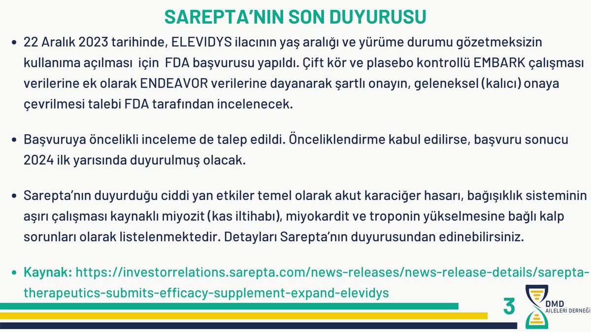 Dmd_aileleri's tweet photo. Sarepta, Haziran 2023'te 4 ve 5 yaş için şartlı onay alan ELEVIDYS ilacının, yaş aralığı ve yürüme durumu gözetmeksizin kullanıma açılması için FDA'ya başvurdu.

Şirket, başvurusuna 2024 yılı ilk yarısında yanıt almak için FDA'dan öncelikli inceleme talebinde de bulundu. https://t.co/jRxNd0JjZq
