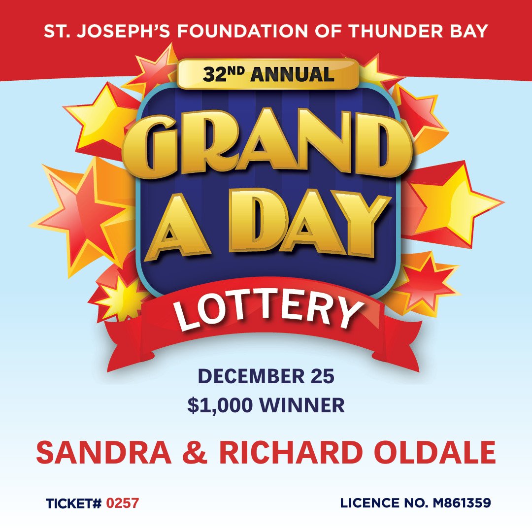 SJFTB's tweet photo. It is a very Merry Christmas for our winners today!  Congratulations to the December 25th Grand a Day winners...Sandra and Richard Oldale!
Ticket #0257 https://t.co/wyiCAm5CXj