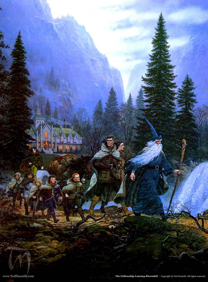 On 25 December, T.A. 3018: the Fellowship of the Ring sets out from Rivendell on the quest to destroy the Ring. The members are Frodo, Sam, Merry, Pippin, Aragorn, Boromir, Legolas, Gimli and Gandalf. Artwork: 'The Fellowship Leaving Rivendell' by Ted Nasmith #Tolkien