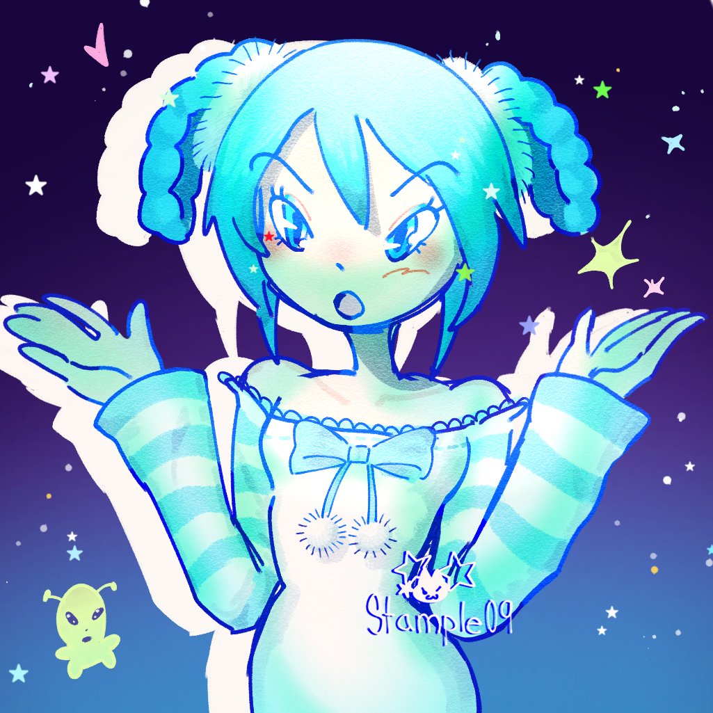 stample09's tweet image. Have been wanting to draw her 🛸‧₊˚✩彡
[Tags] #Miku #MikuMonday #fanart #VOCALOID #vocatwt #HatsuneMiku #初音ミク