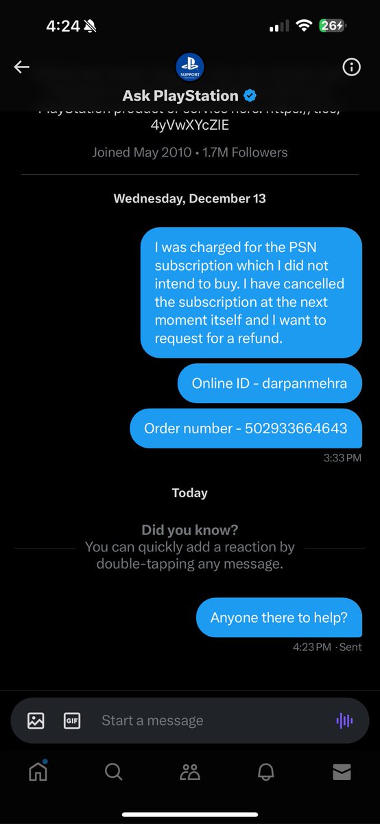 RealDarpan's tweet photo. @PlayStation @AskPlayStation I messaged around 15 days back and still no response. Can someone please help? @Sony https://t.co/l7lMJ4RgIi