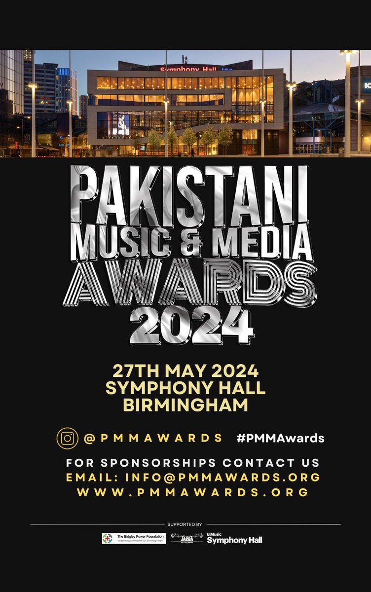 It's happening! The prestigious Pakistani Music & Media Awards 2024 set to take place on the 27th May @ Symphony Hall, Birmingham. Tickets go on sale soon so stay tuned. For Sponsorship opportunities, please contact natasha@syedpr.com @pmma