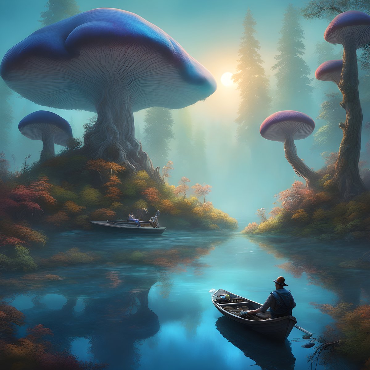TheLyndochGroup's tweet photo. Paddling through the enchanting realms, a lone adventurer journeys to a surreal blue mushroom home. Imagination set adrift in a fantasy tapestry. 🚣‍♂️🍄✨ #FantasyWorld #AIArtCommuity https://t.co/71v0UDjWA9