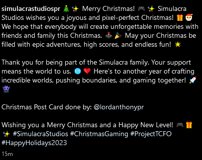 SimulacraVGS's tweet photo. 🎄✨ Merry Christmas! 🎮✨ Simulacra Studios wishes you a joyous and pixel-perfect Christmas! 🎁

Christmas Postcard done by: @AnthonyJNieves1 

Thank you for being part of the Simulacra family.🌐❤️ #SimulacraStudios #ChristmasGaming #ProjectTCFO #HappyHolidays2023 https://t.co/Haw3L6Qo7s