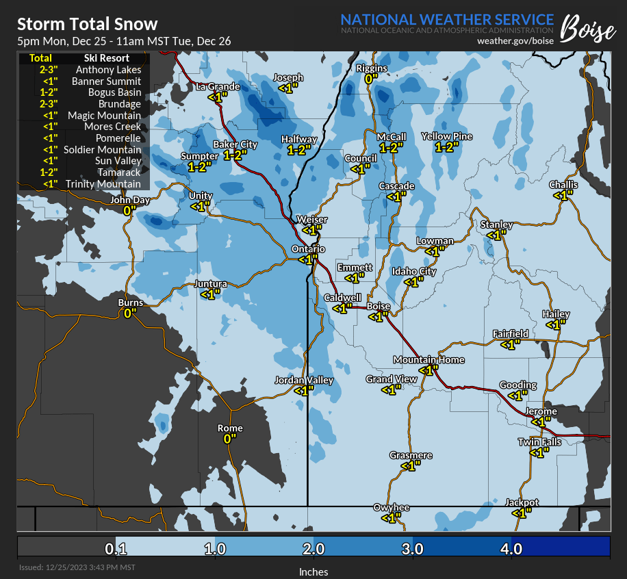 🎄🏔️❄️Well, it looks like half of our forecast area has a white Christmas! First graphic shows current snow depth. An incoming storm will bring a period of widespread snow tonight/Tue, along with a wintry mix for E Oregon. Second graphic shows forecast snow accum. #IDwx #ORwx