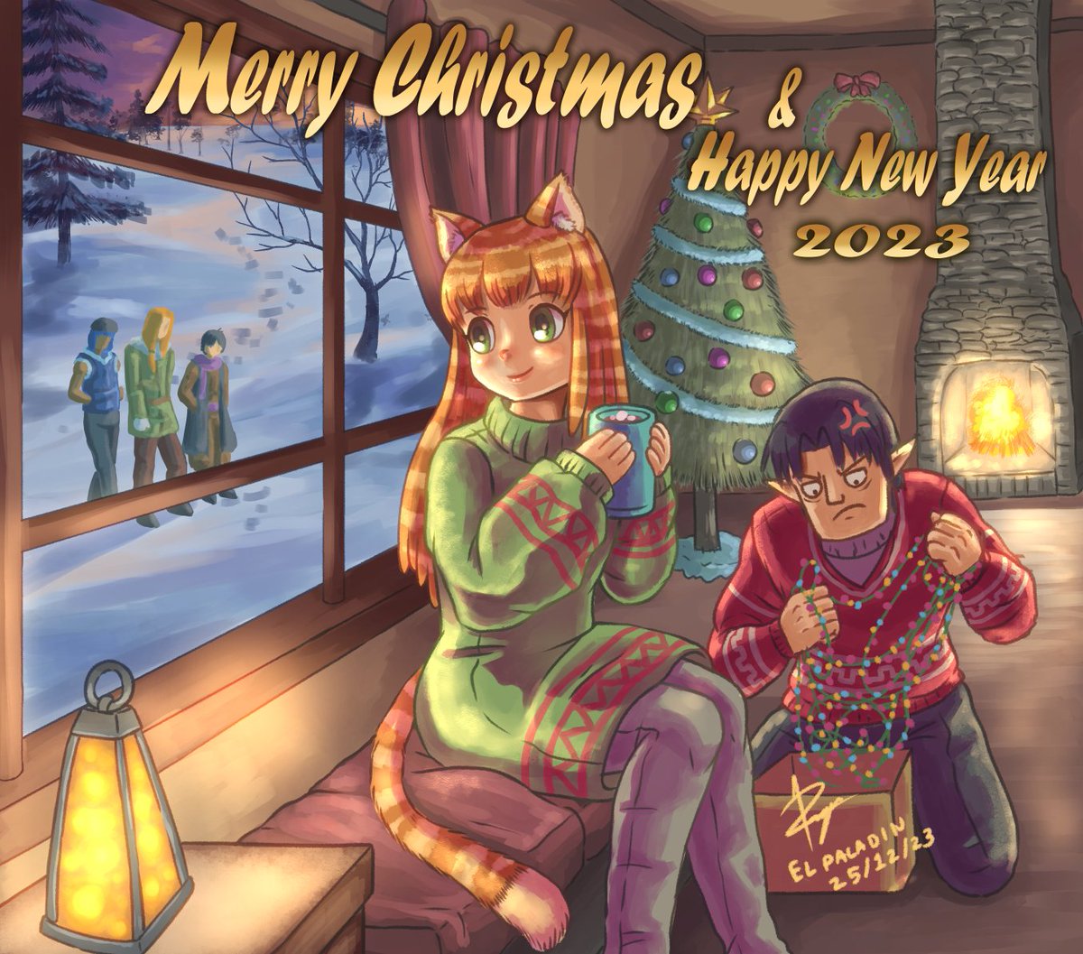 Xmas & happy new year! 🎅🎄⛄️
#Xmas2023 #tree #chimney #CozyChristmas #digitaldrawing #illustration  #catgirl #Orange #Elf  #fantasy #oc