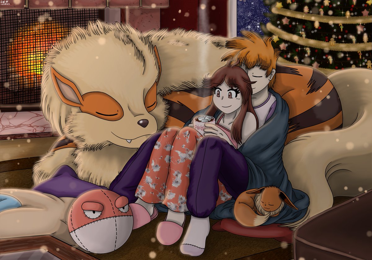 ArtbyCarlyH's tweet photo. Since I already did a selfship piece last year, thought I’d ease it up a bit and do some more Conflictshipping art. Wanted to really test my depth perception on this one.

Merry Christmas everybody🎄🎁 :3
#conflictshipping #Pokemon #blueoak #greenleaf #Eevee #arcanine #digitalart https://t.co/sObNshfTp9