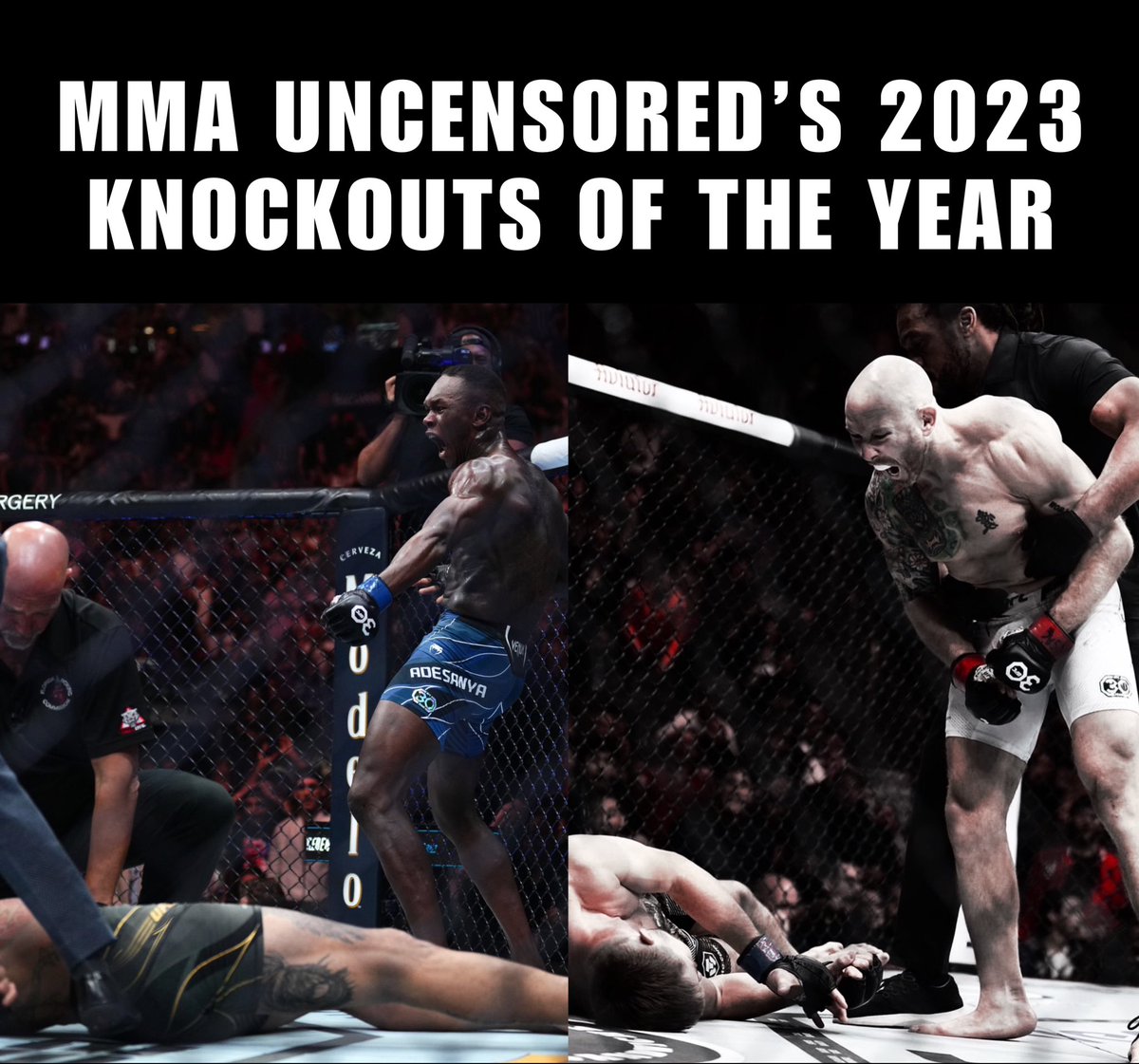 2023 Knockouts of the Year: 

1) Israel Adesanya vs. Alex Pereira (UFC287) 

2) Josh Emmett vs Bryce Mitchell (UFC296) 

#UFC #MMA #MMATwitter